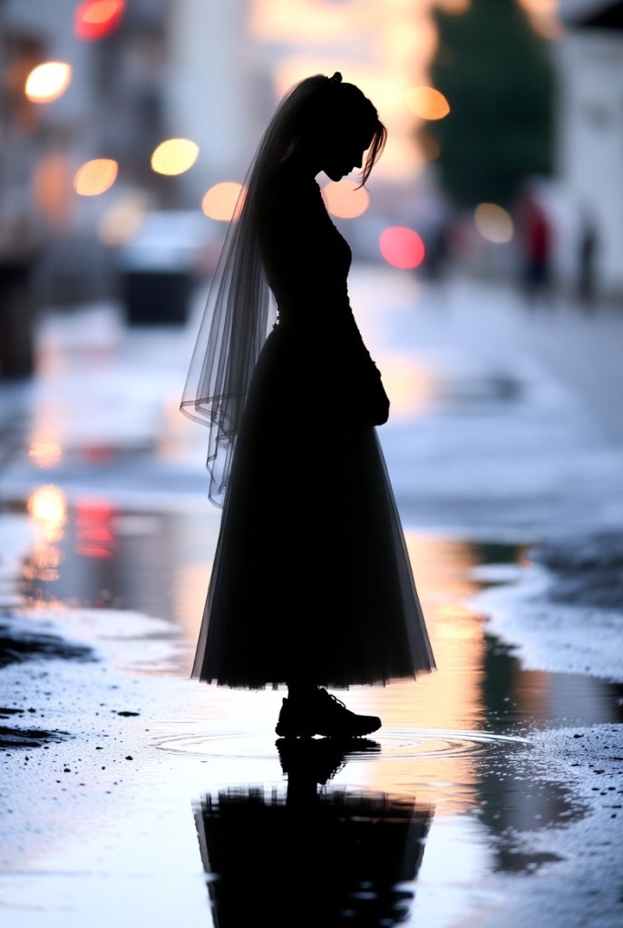 Silhouette of a bride standing in a puddle, wearing a wedding dress and sneakers, with soft bokeh lights in the background.